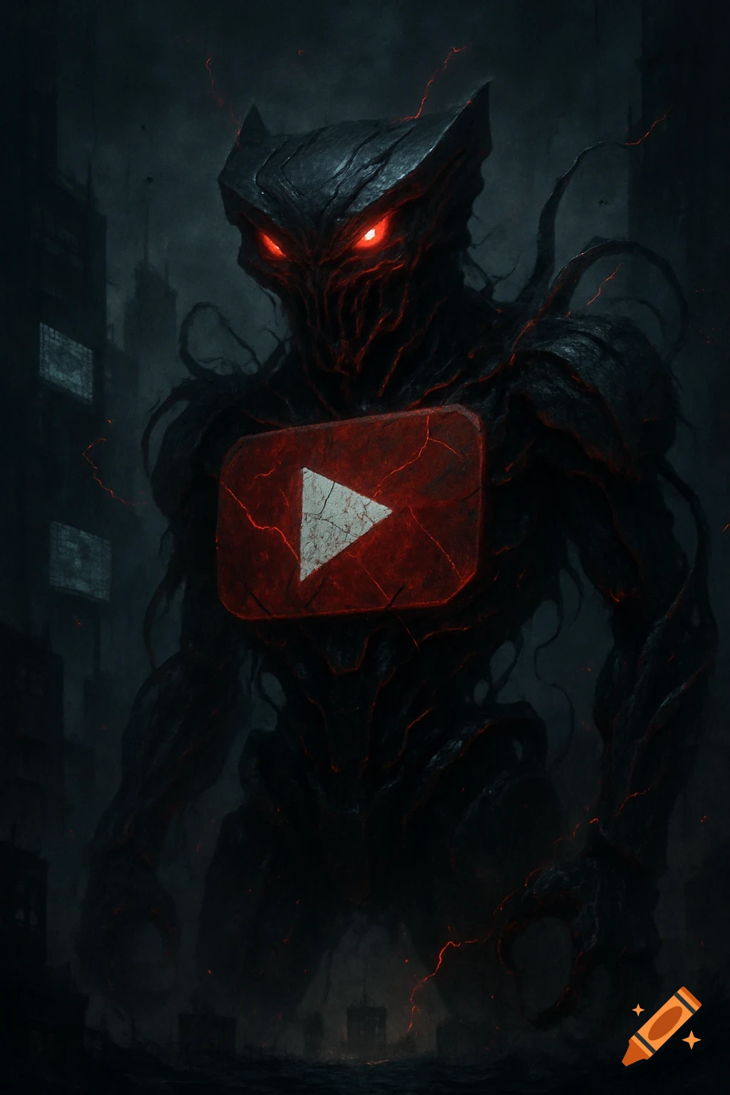 A dark, menacing monster with glowing red eyes and a cracked YouTube logo on its chest, standing in a desolate, dark city.