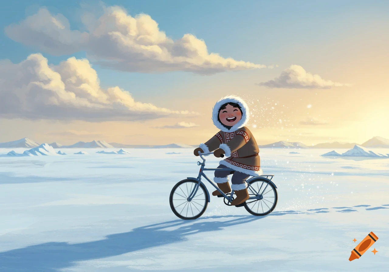 Happy child in a fur-lined parka riding a bicycle across a snowy landscape with distant mountains, illustrated.