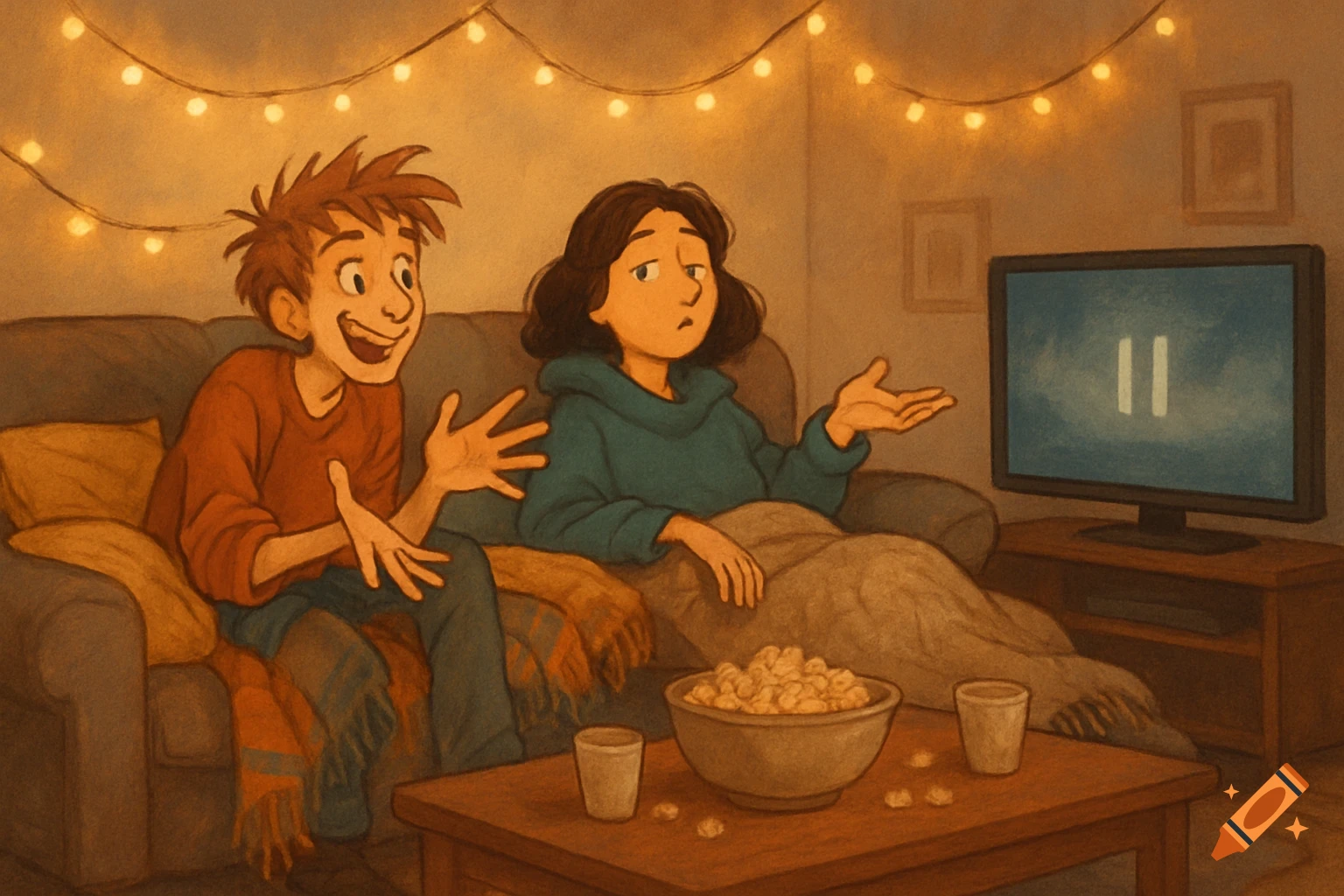Cartoon illustration of two people watching a paused TV with popcorn in a cozy living room.