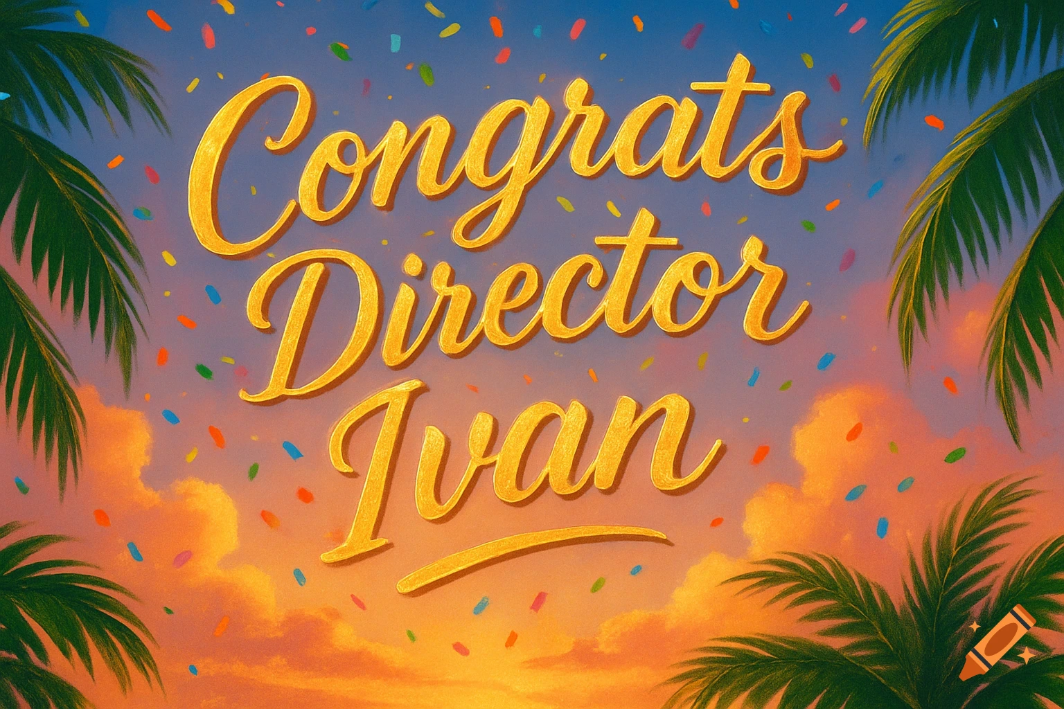A golden, cursive "Congrats Director Ivan" message floats against a vibrant sunset sky with palm tree fronds and colorful confetti.