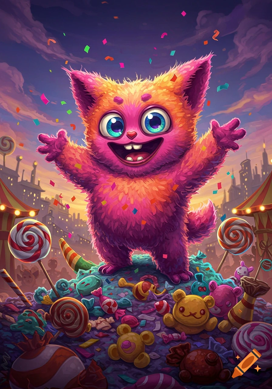 A vibrant, fluffy, pink and orange monster with big eyes smiles amidst falling confetti, standing on a pile of colorful candies at a carnival.