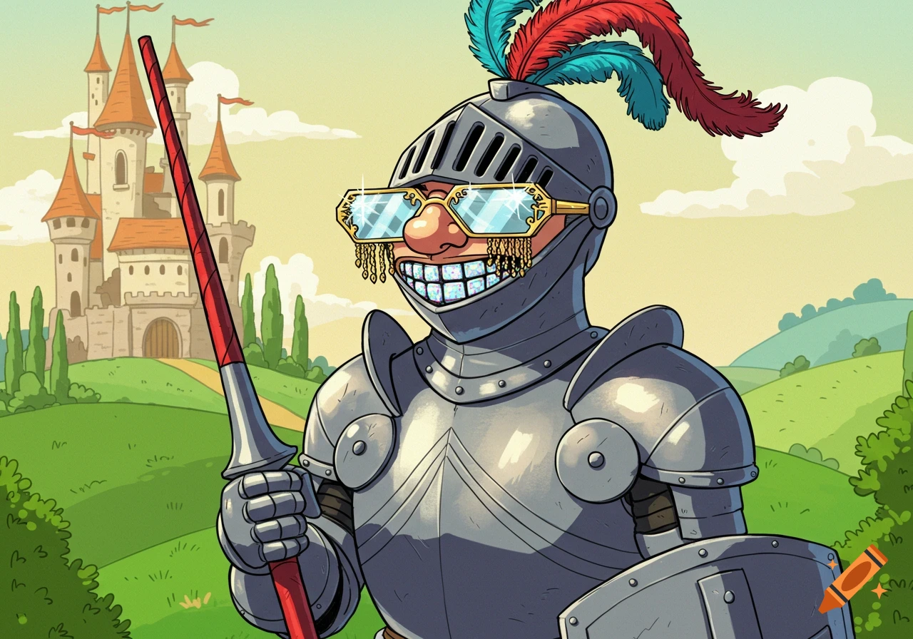 Cartoon drawing of a knight wearing a diamond grill and sparkling glasses, holding a spear, with a castle in the background.
