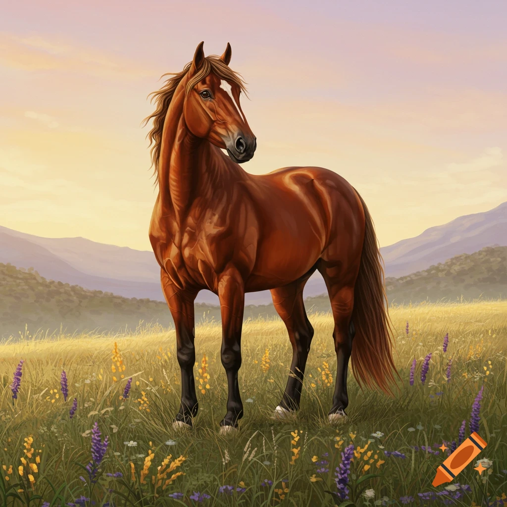 A brown horse stands in a field of wildflowers with mountains in the background under a sunset sky.