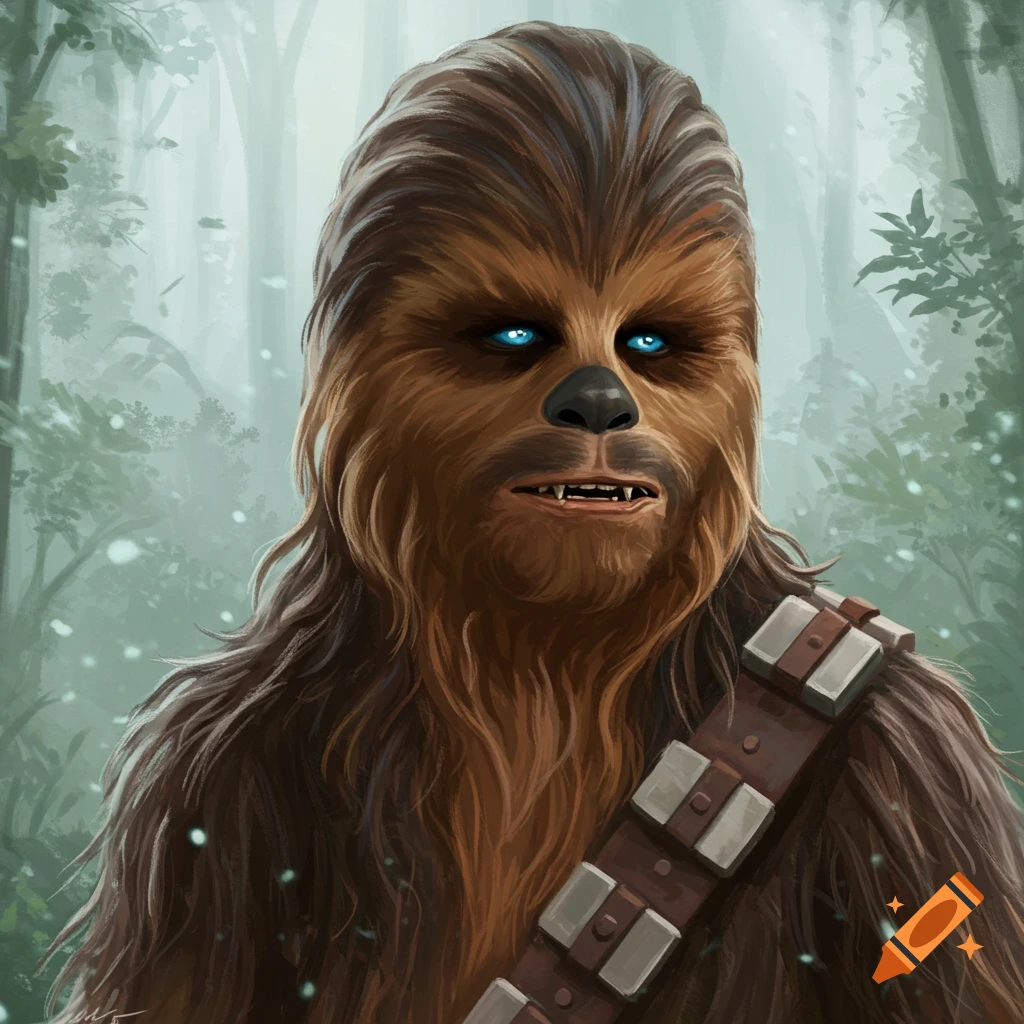 Digital painting of Chewbacca with striking blue eyes, standing in a misty, snowy forest.