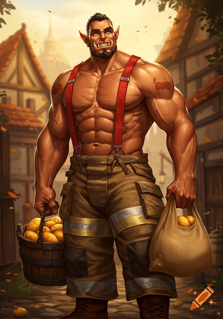 A muscular male orc in suspenders and firefighter pants carries a bucket and sack of potatoes in a village street, digital art.