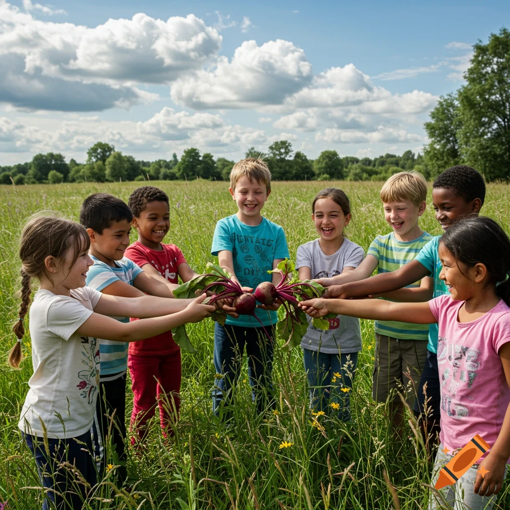 Eight diverse children in a sunny field happily passing a bunch of freshly picked beets.
