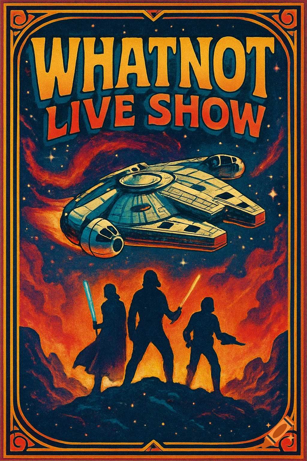 Retro Star Wars poster for Whatnot Live Show with Millennium Falcon and silhouettes of characters on a fiery landscape.