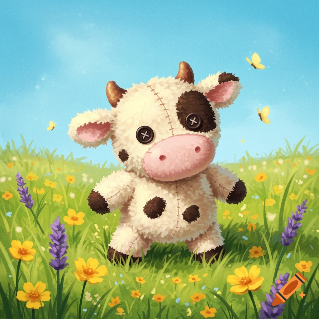 A cute cow plushie stands in a vibrant green field filled with yellow and purple flowers under a blue sky with butterflies.