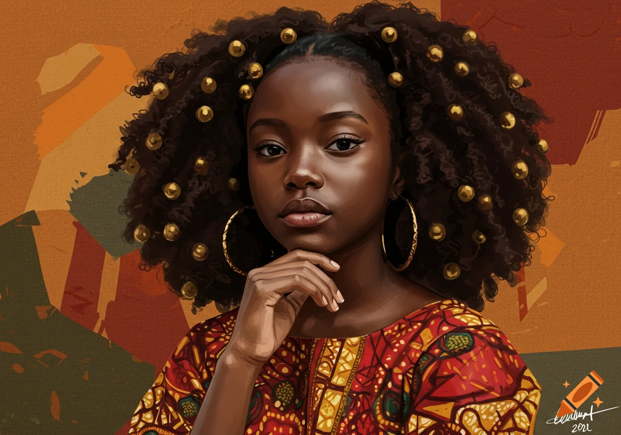 A digital illustration of a young Black girl with beaded curly hair and hoop earrings, wearing a patterned dress, with her hand under her chin.