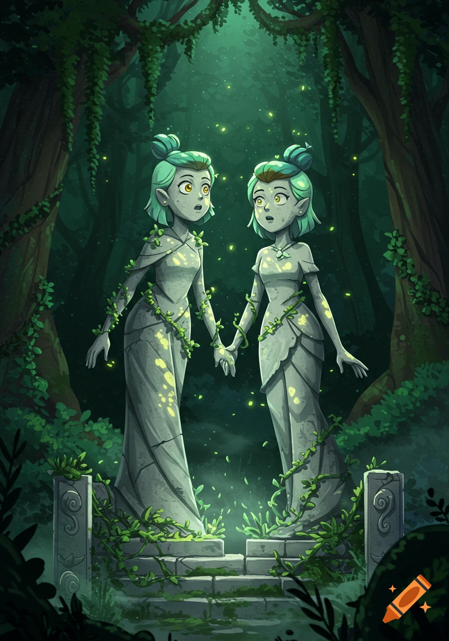Two stone statues of female characters with teal hair, covered in vines, stand in a dark, glowing green forest. They hold hands and have surprised expressions. Animated style.