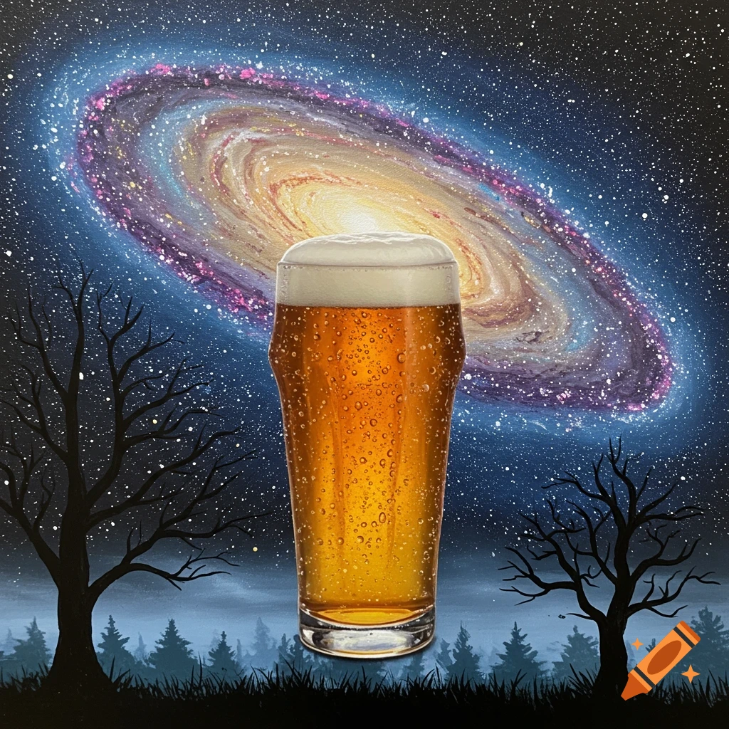 Acrylic painting of a beer glass with foam, set against a swirling galaxy and silhouetted trees.