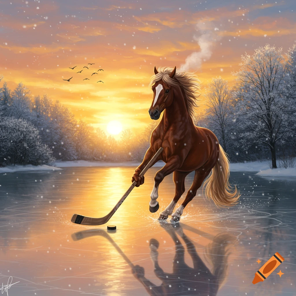 A brown horse with a blonde mane plays hockey on a frozen lake at sunset, surrounded by snowy trees.
