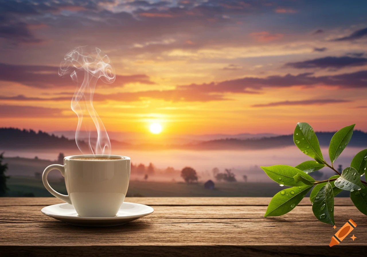 A steaming cup of coffee on a wooden table with a vibrant sunrise and misty landscape in the background.