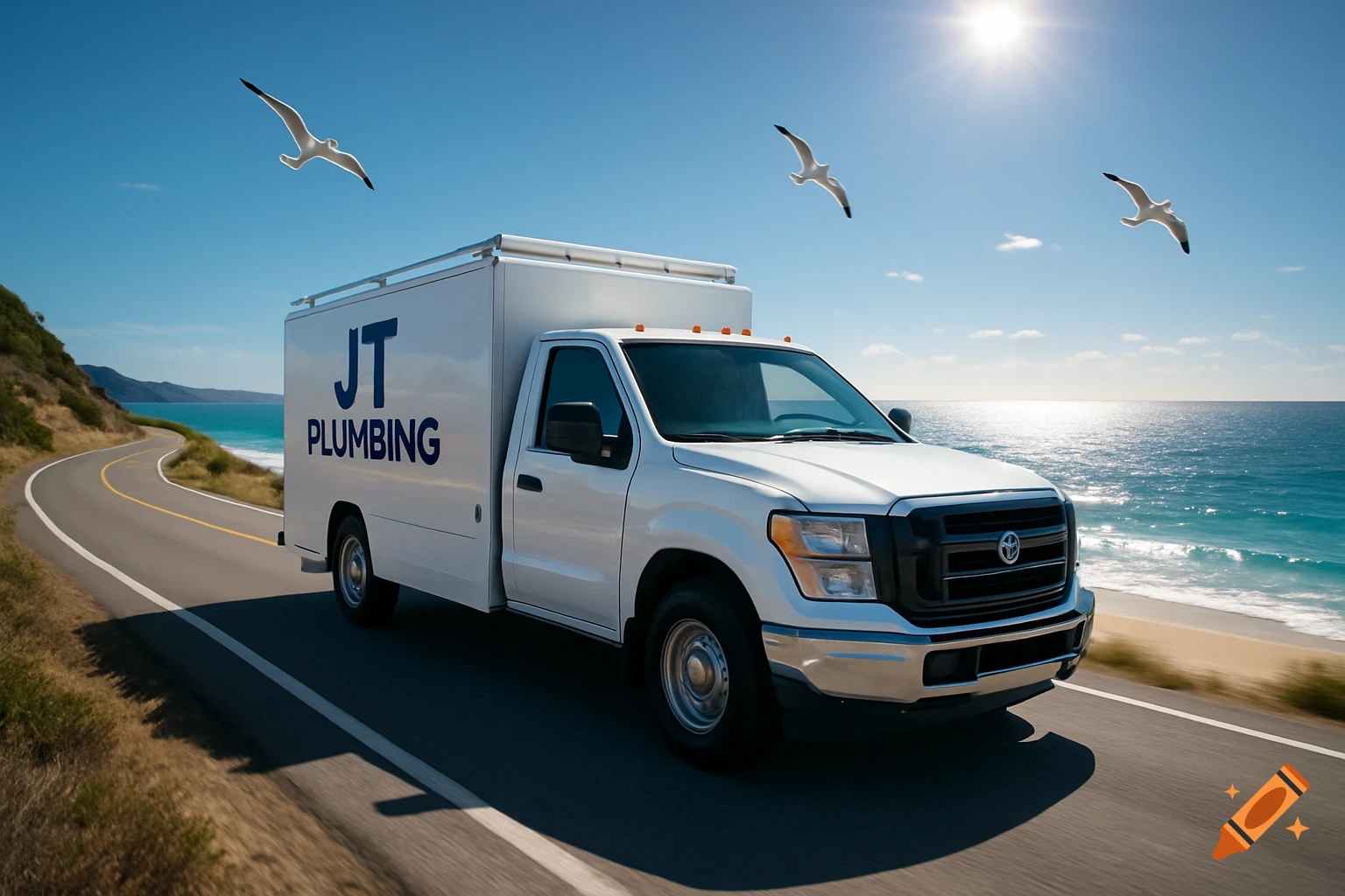 A white plumbing truck with "JT PLUMBING" on its side drives along a winding coastal road with the ocean to its right.