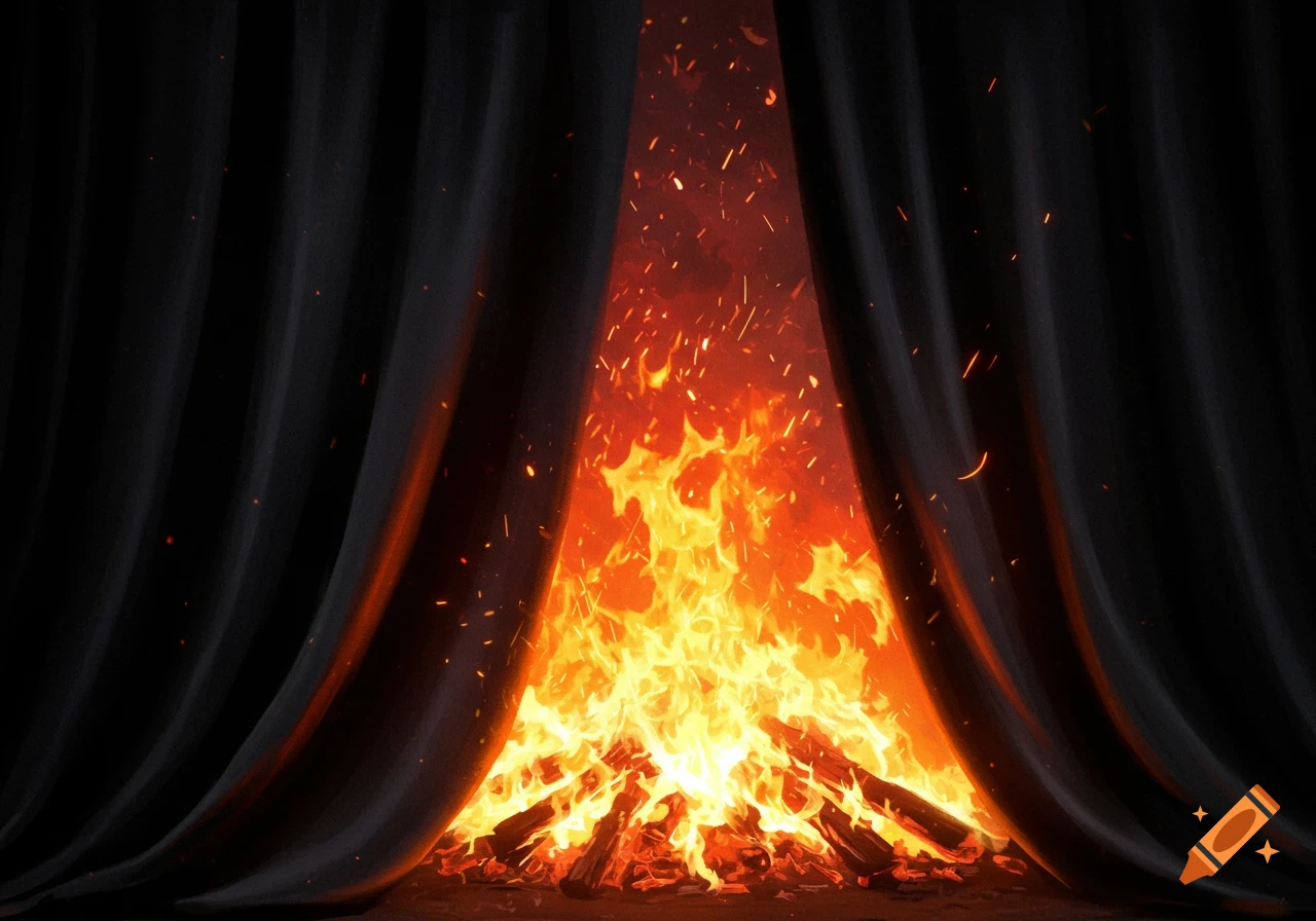 A dramatic scene of bright orange flames and embers behind heavy black curtains, opening to reveal the fire.