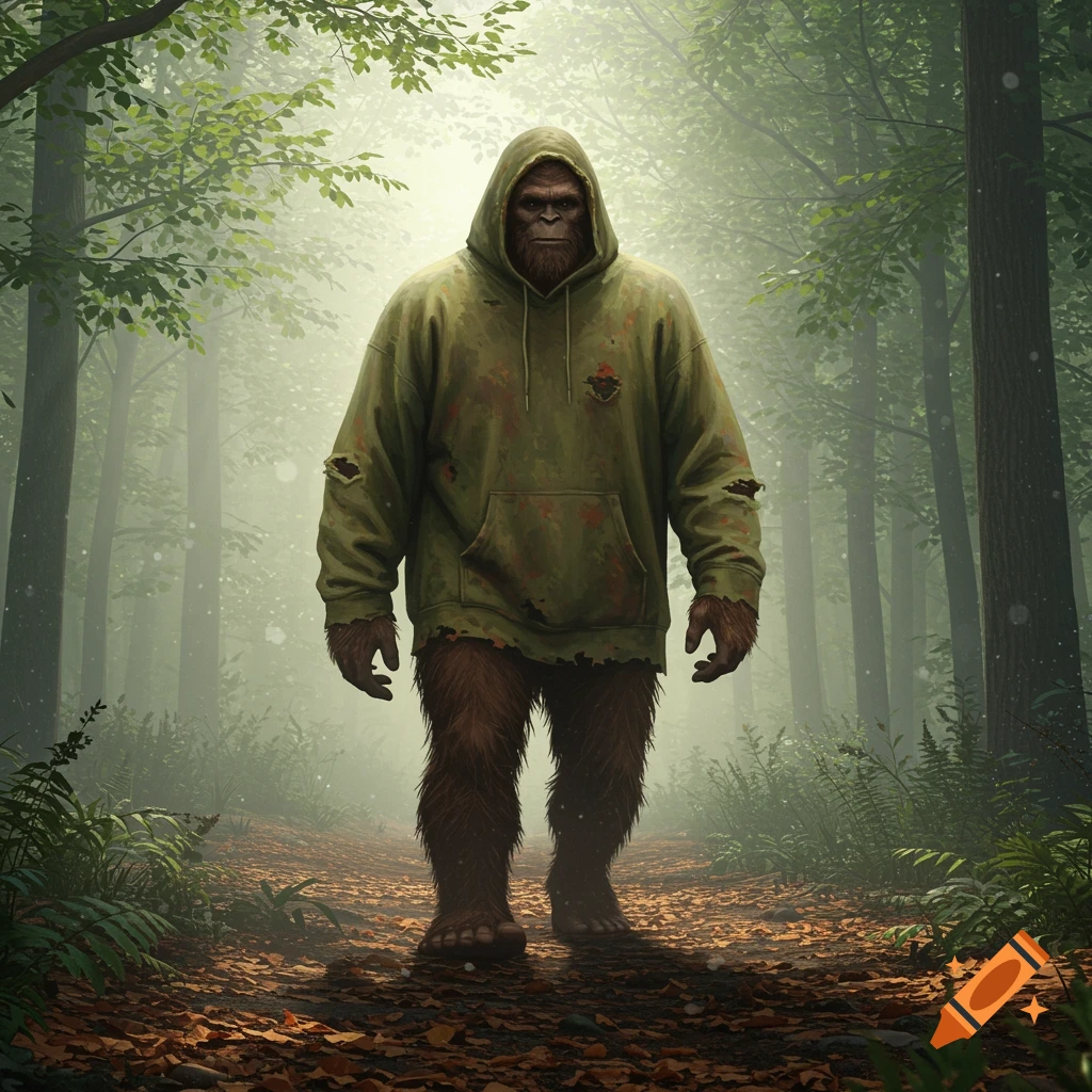 Bigfoot wearing a hoodie walks down a leaf-strewn path in a misty forest.