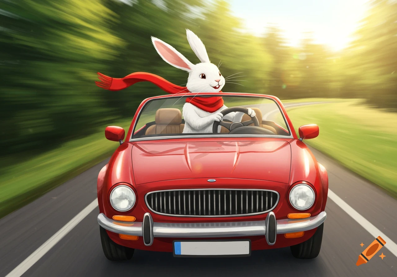 A white anthropomorphic rabbit wearing a red scarf drives a red convertible car down a road with green trees on either side.