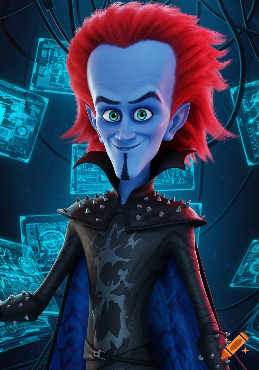 A close-up of the cartoon villain Megamind, a blue-skinned character with a large head, red spiky hair, and a goatee, wearing a black studded outfit and blue cape. He is smiling mischievously against a futuristic blue background.