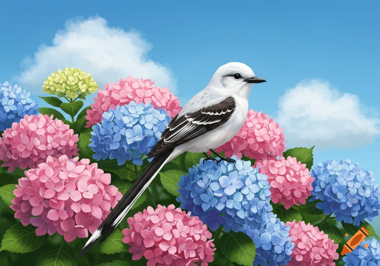 A white scissor-tailed flycatcher bird perches in a vibrant bush of pink, blue, and yellow hydrangeas against a blue sky.