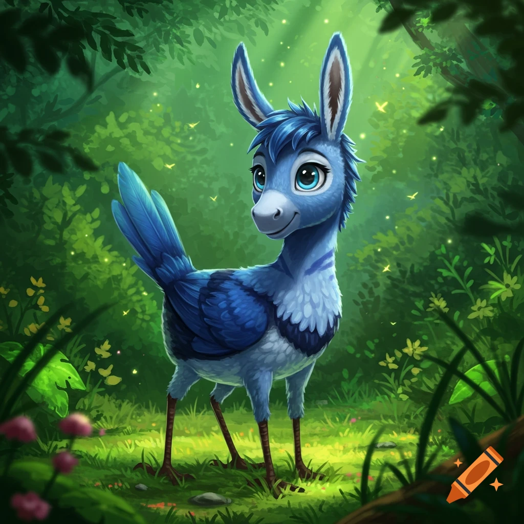 A cute blue donkey-bird hybrid creature with large eyes stands in a vibrant green forest.