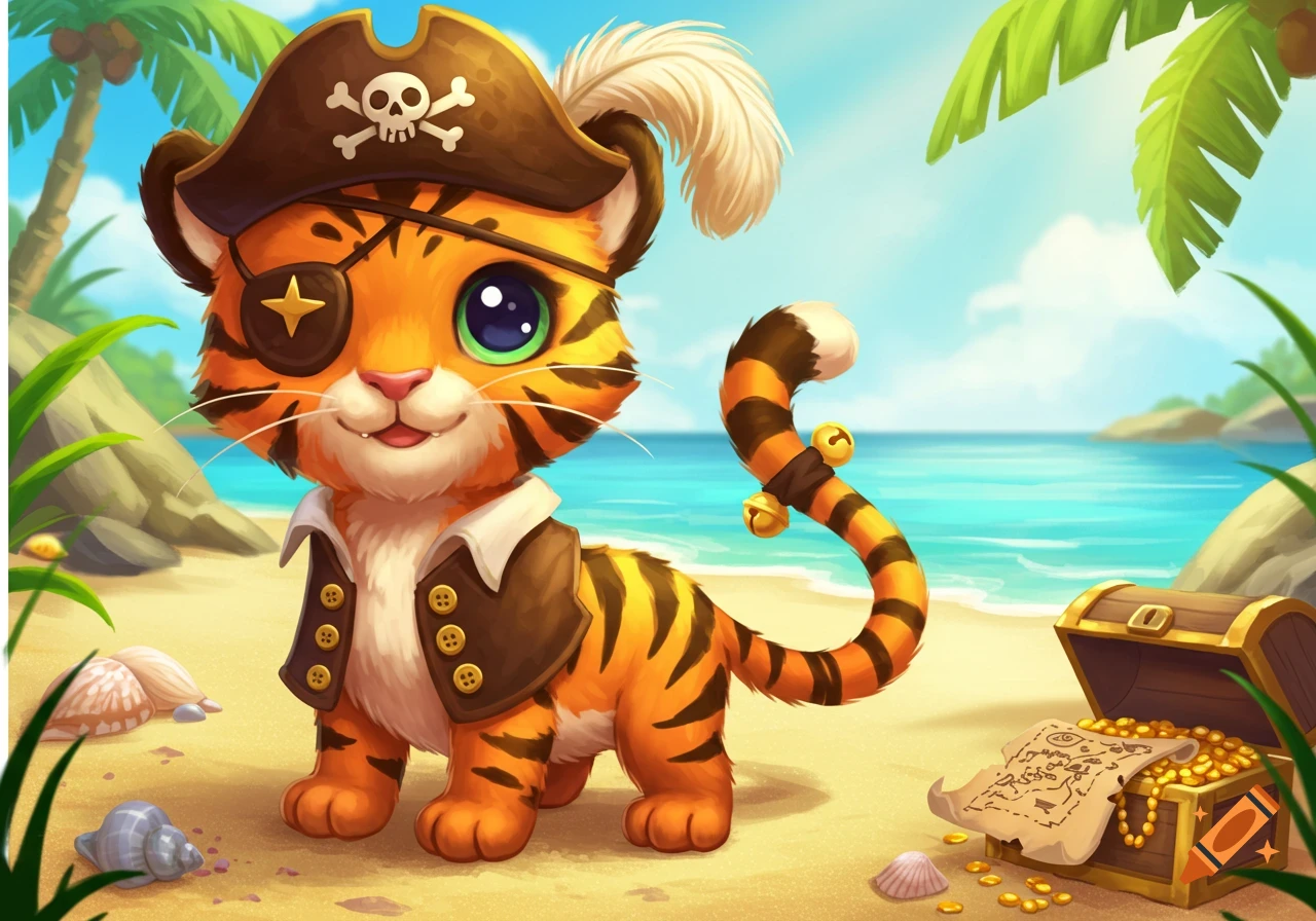 A cute, cartoon tiger pirate with an eyepatch and hat stands on a vibrant tropical beach next to a treasure chest.