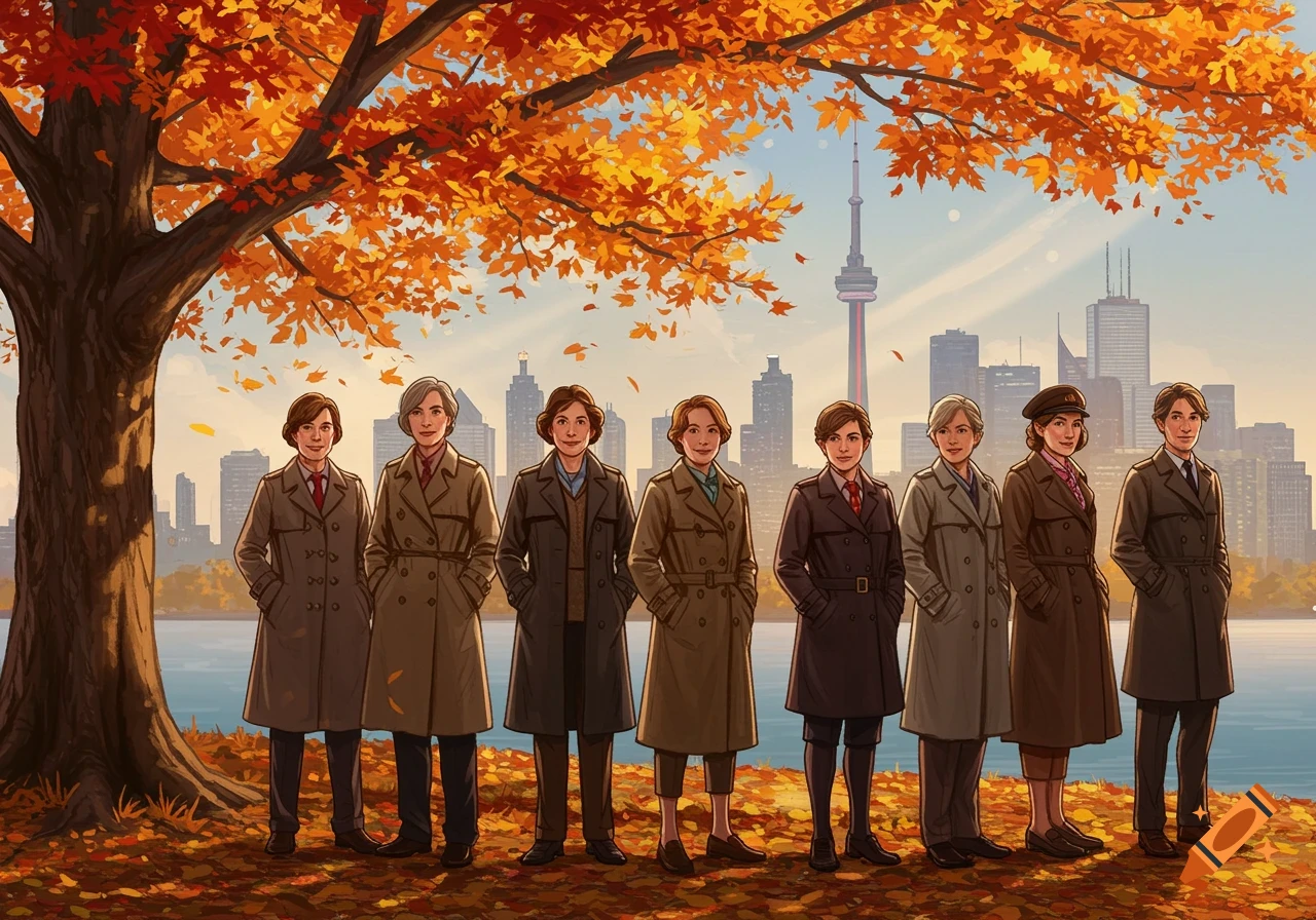 An illustration of eight women in trench coats standing under autumn trees by a body of water with a city skyline and the CN Tower in the background.