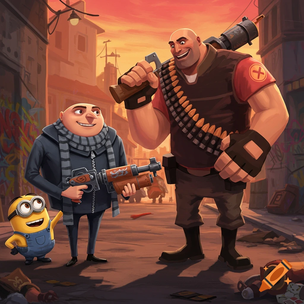 Cartoonish Gru and Heavy from TF2 with a Minion, holding stylized weapons in a city alleyway at sunset.