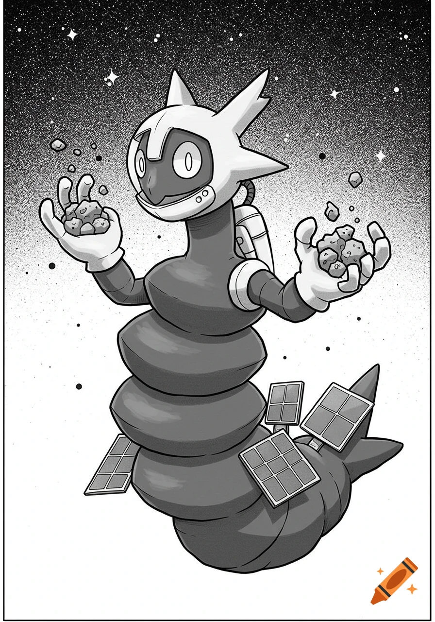 Black and white illustration of an Onix-like Pokémon in an astronaut suit, holding rocks, against a starry space background.
