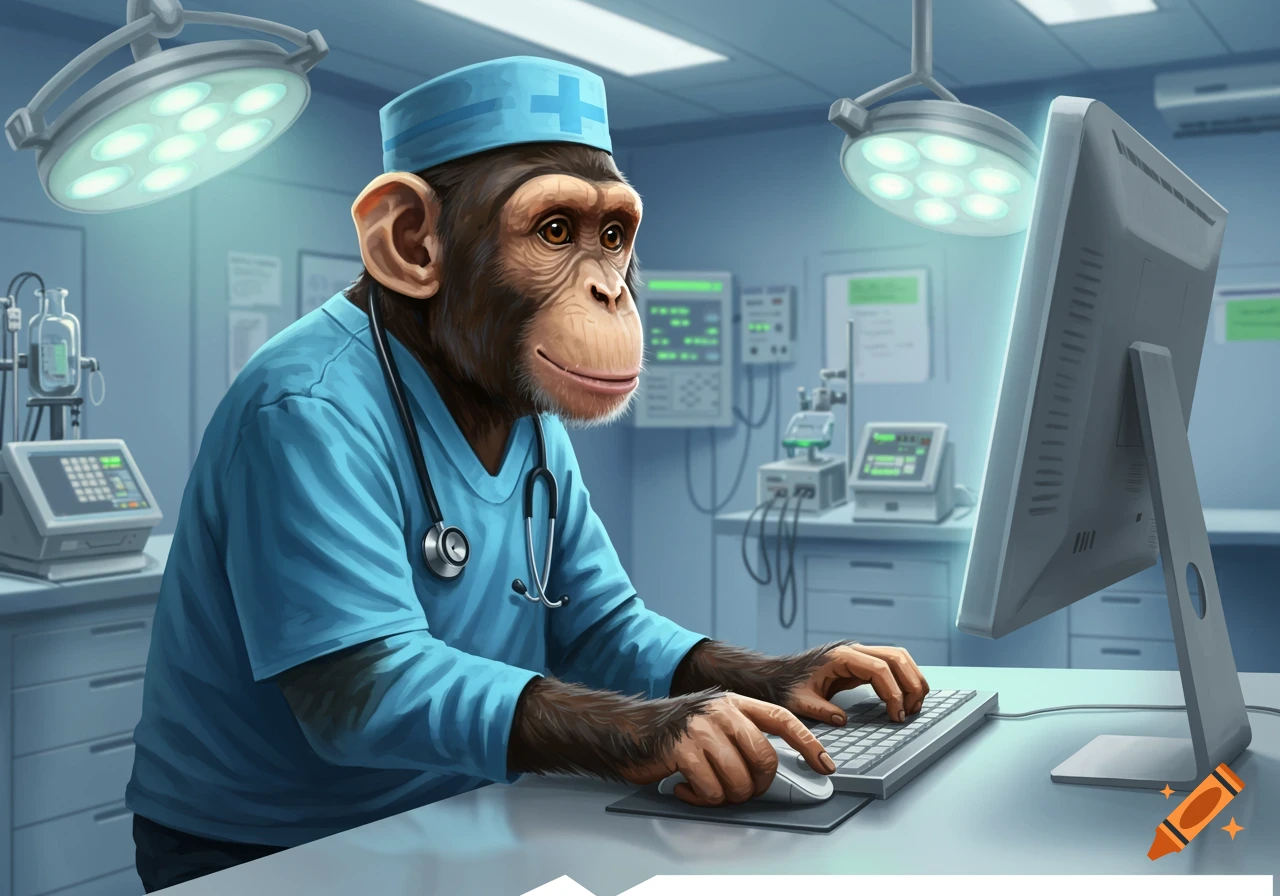 A chimpanzee wearing blue hospital scrubs and a stethoscope sits at a desk, typing on a computer keyboard and using a mouse in a surgical room.
