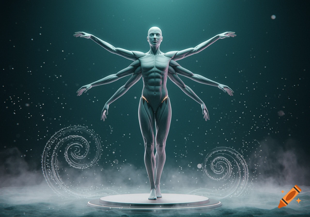A stylized, muscular, multi-armed human figure stands on a platform in a misty, dark environment with swirling lights.