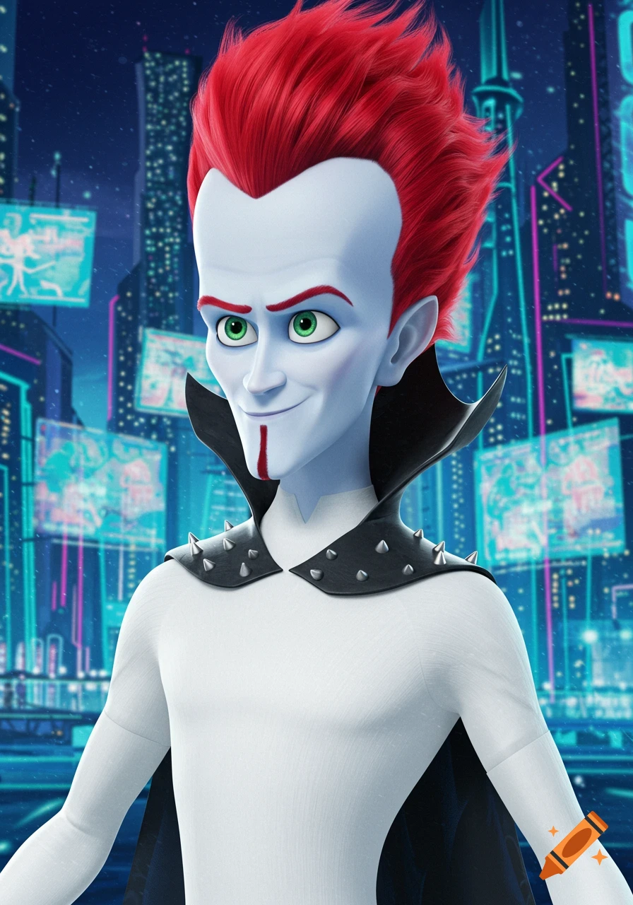 A cartoon character resembling Megamind with white skin, red spiky hair, green eyes, and a black spiked collar, against a neon city background.