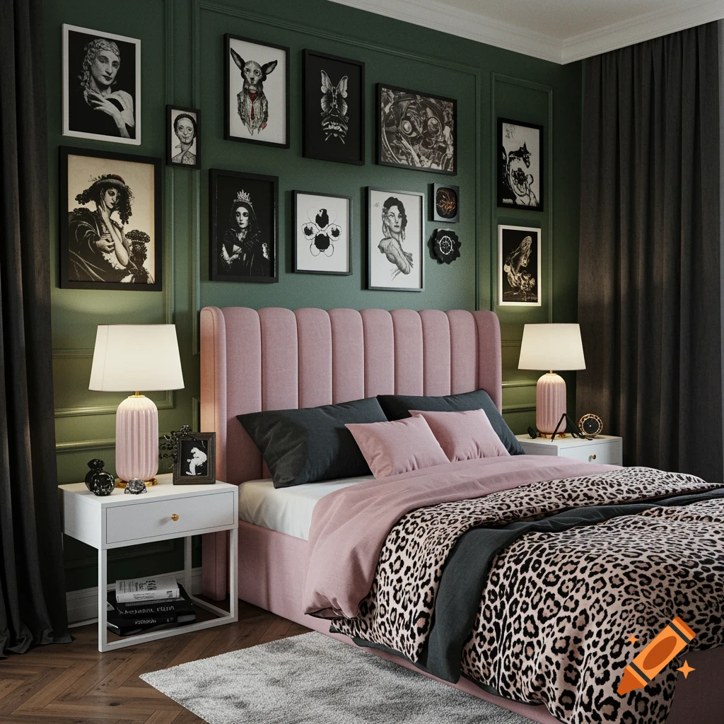 A gothic-inspired bedroom with dark green walls, a blush pink upholstered headboard, and leopard print bedding. The room features white nightstands with lamps and a gallery wall filled with various framed artworks.