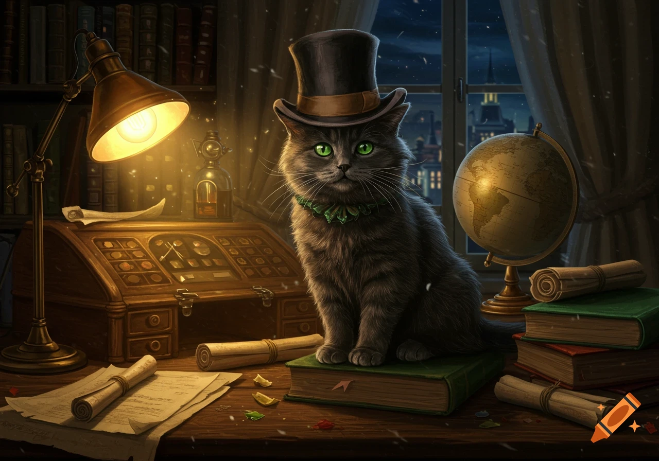 A fluffy gray cat wearing a top hat and green collar sits on a book at a wooden desk in a dimly lit study.