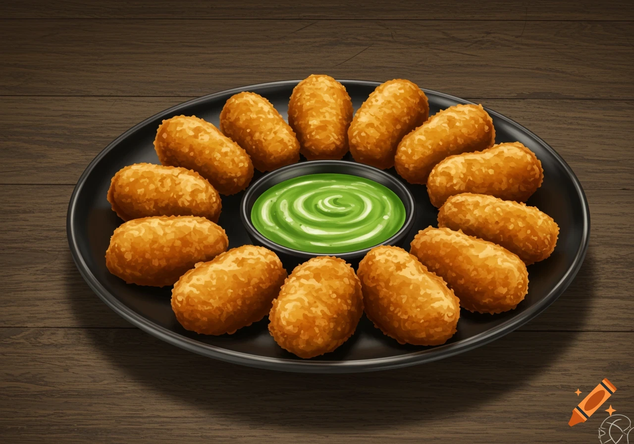 A plate of golden-brown nuggets arranged in a circle around a bowl of vibrant green sauce on a wooden table. Illustrated style.