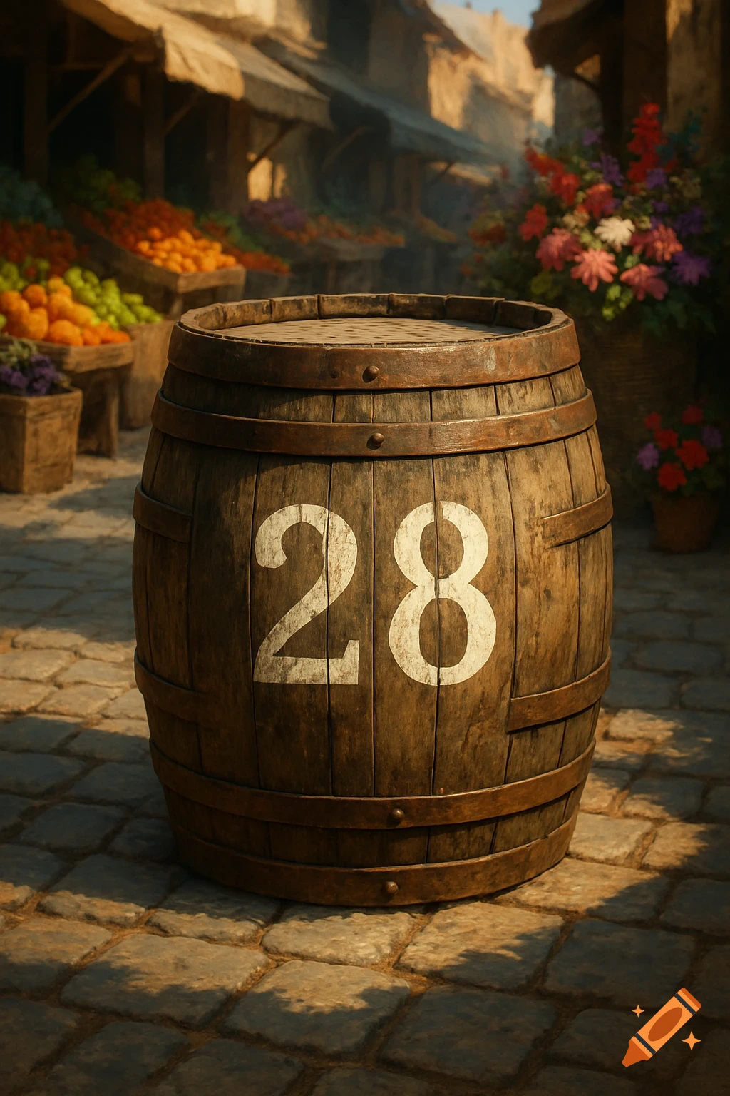 A weathered wooden barrel with the number 28 painted in white, resting on cobblestones in a sunlit market street.