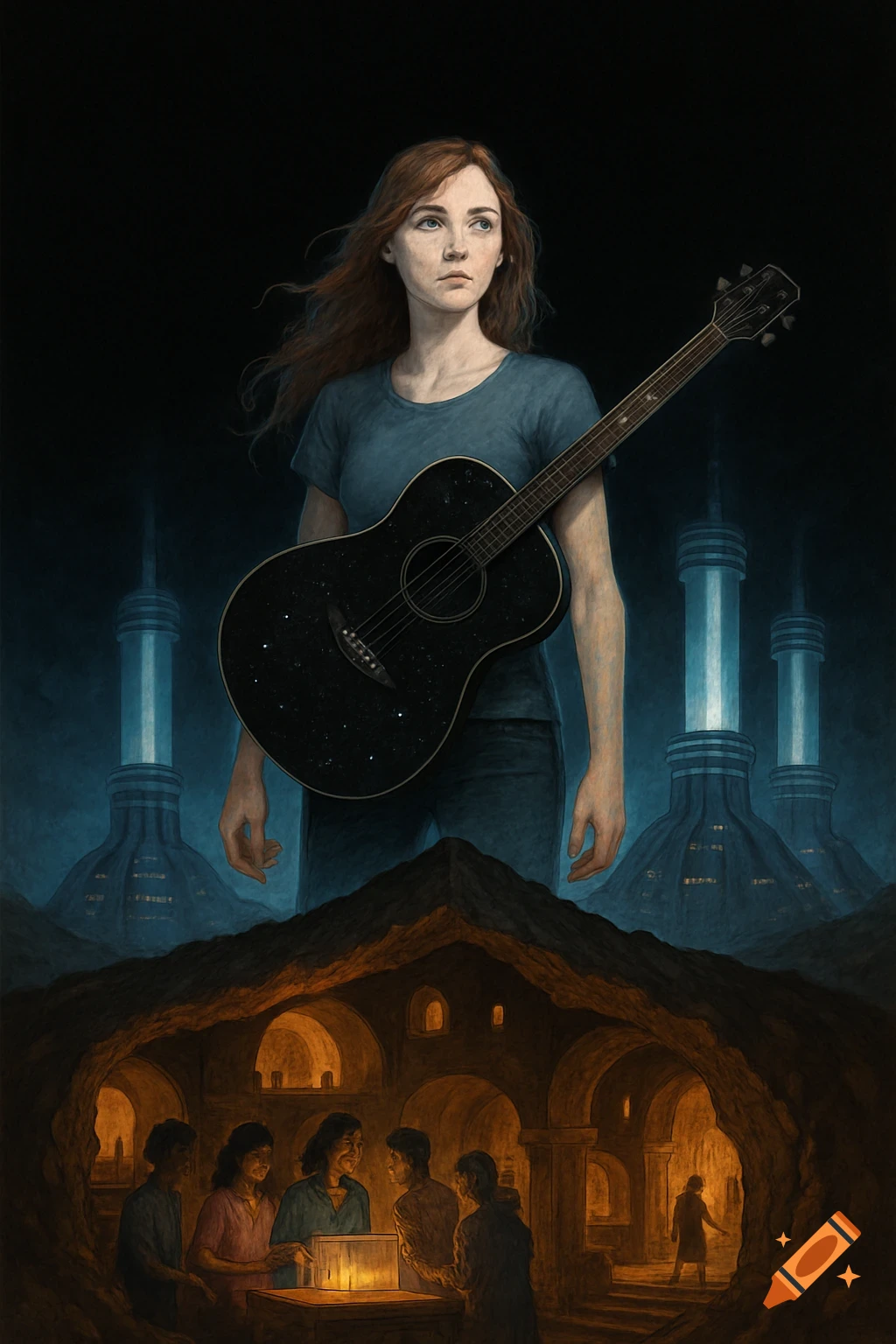 A fantasy illustration featuring a tall woman with red hair holding a black guitar embedded with stars, standing above a hidden underground community with warm lighting and people. In the background are futuristic glowing towers.