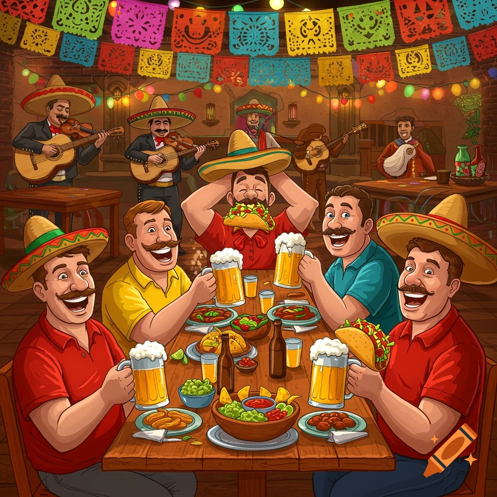 Fun cartoon of men in sombreros eating tacos and drinking beer at a vibrant Mexican restaurant with mariachi musicians.