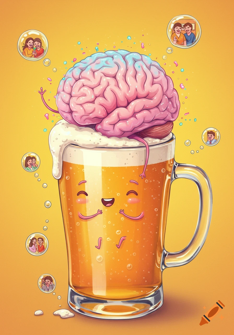 Cartoon illustration of a pink brain with tiny limbs resting on a happy, anthropomorphic beer mug, surrounded by bubbles with smiling people.