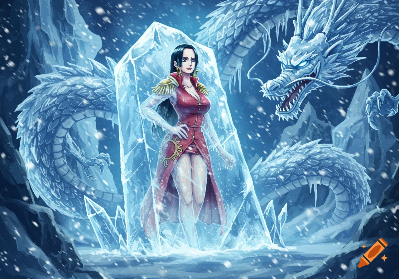 Anime-style illustration of Boa Hancock in an ice block with an ice dragon in a snowy cavern.