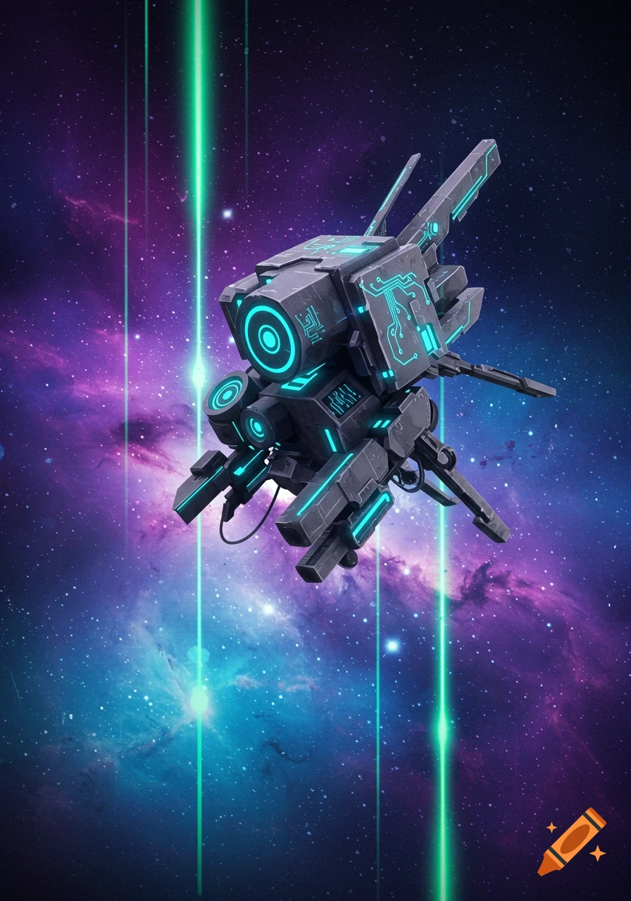 A dark futuristic robot with glowing blue circuits floats in a vibrant purple and blue nebula, with green light beams.