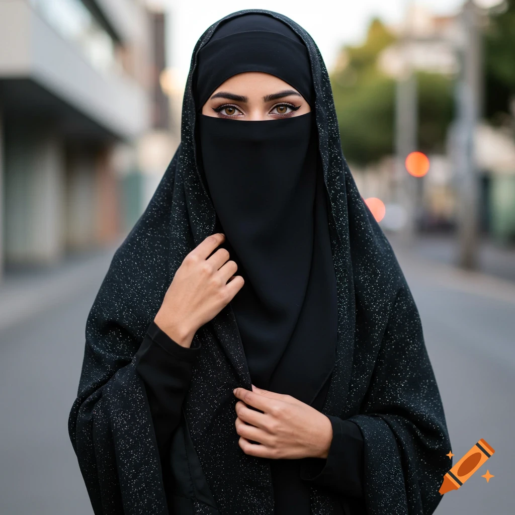 A woman wearing a black niqab and embellished abaya looks directly at the viewer, her kohl-lined eyes visible, standing outdoors.