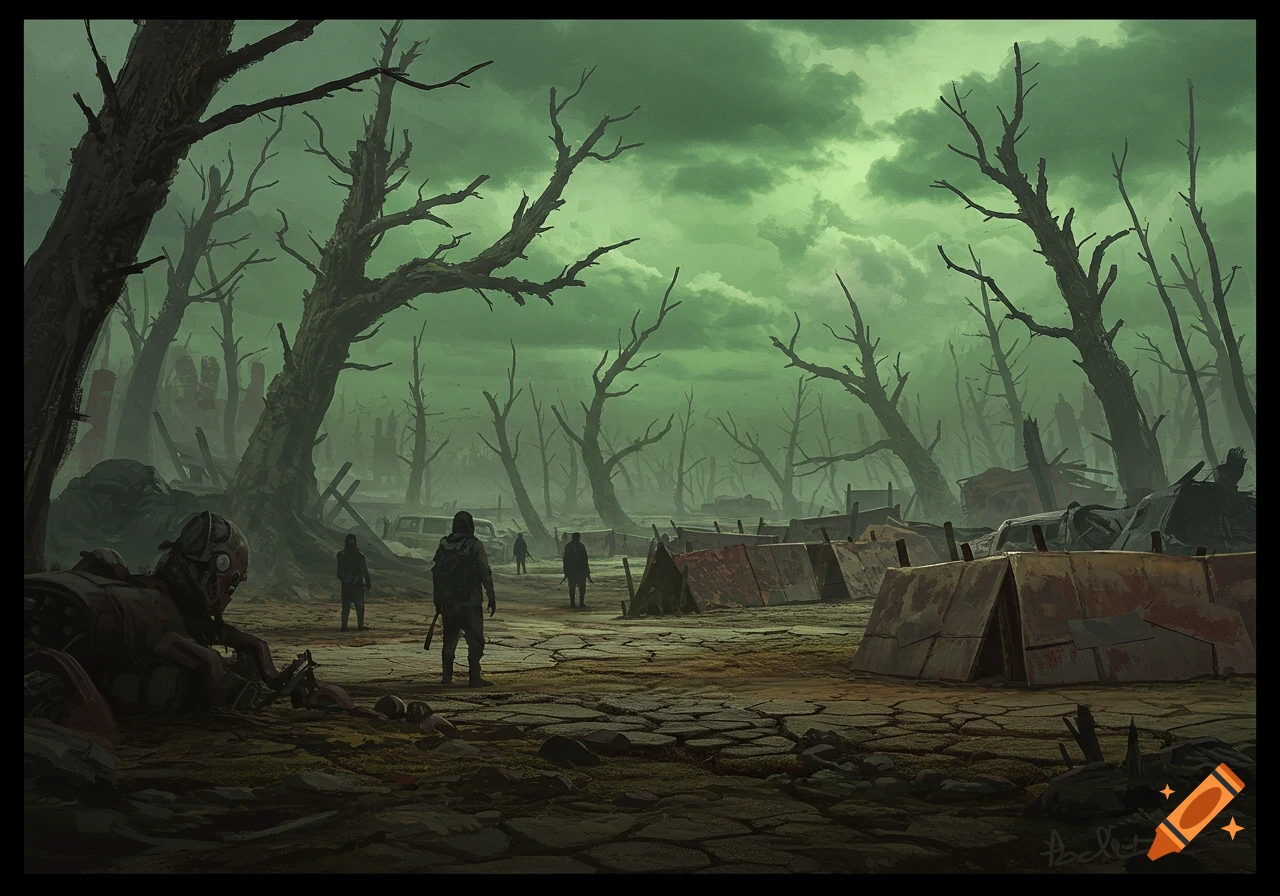 A desolate, post-apocalyptic digital painting with twisted skeletal trees, a green toxic sky, cracked ground, ruins, and ragged figures.