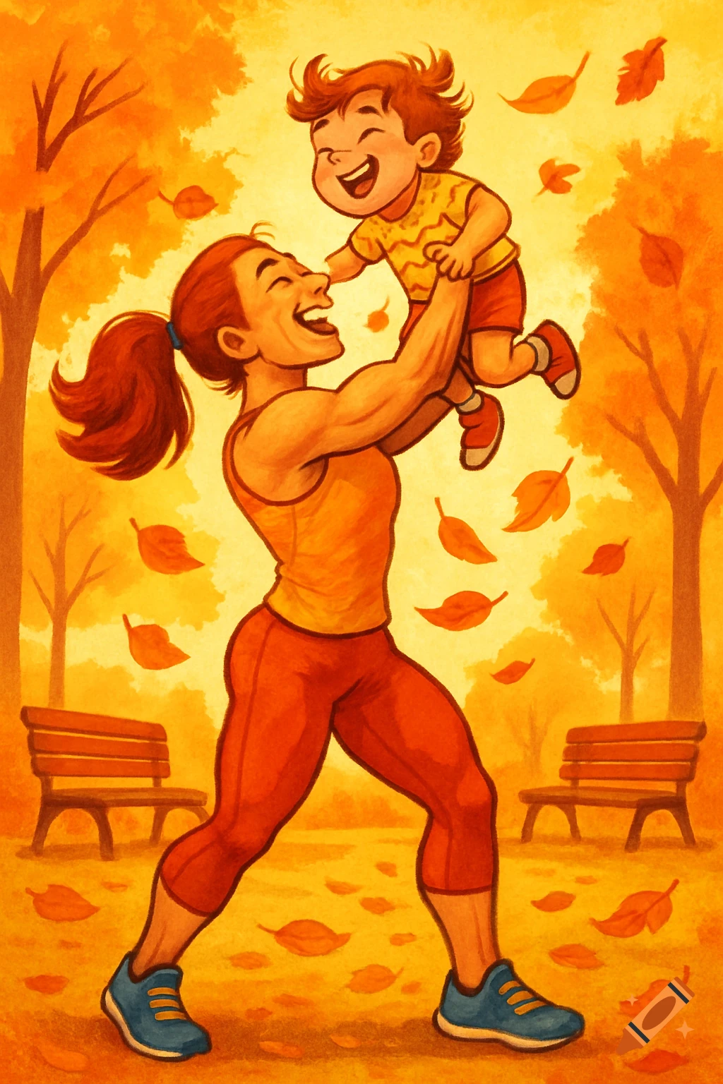 Cartoon illustration of a strong mother happily lifting her child in an autumn park with orange leaves and trees.