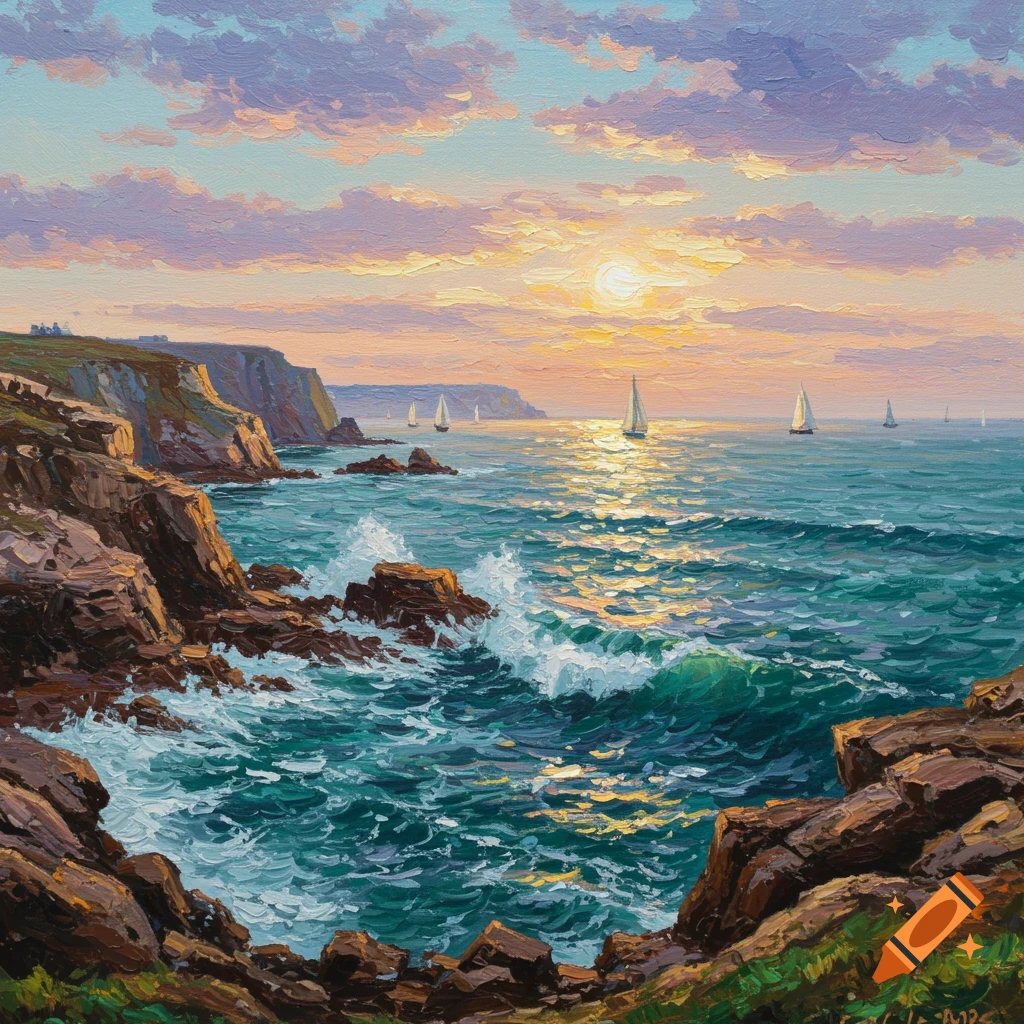 An oil painting of a vibrant sunset over a rocky coastline, with sailboats on the calm, reflective sea. Waves crash against the shore.