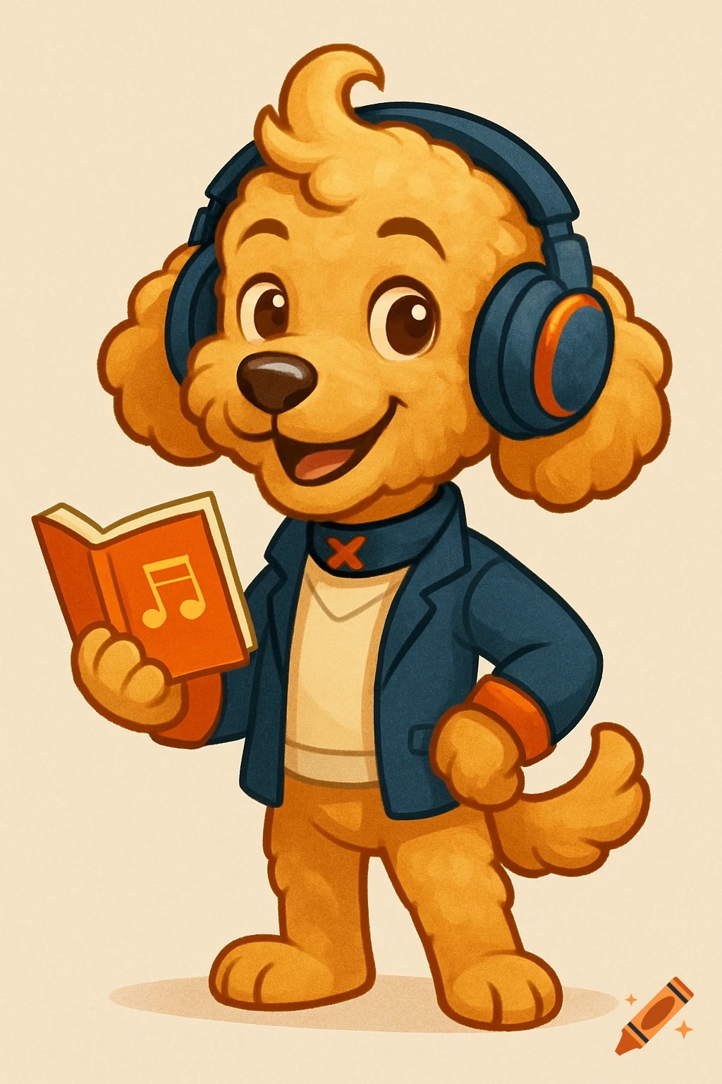 A cartoon golden poodle wearing headphones and a blue jacket, holding an open book with a music note on its page.