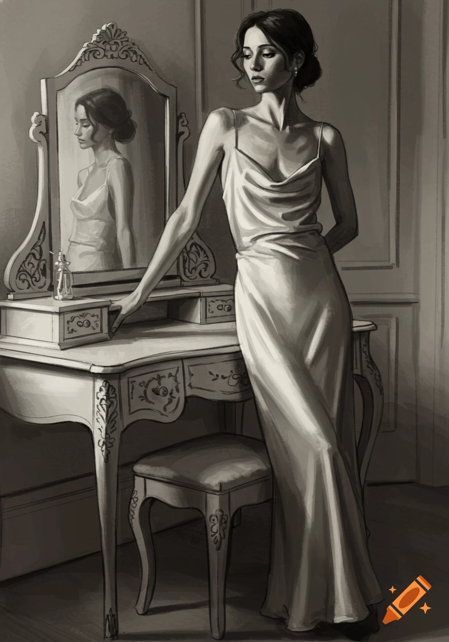 Grayscale drawing of a woman in a slip dress standing by a vanity, looking at her reflection.