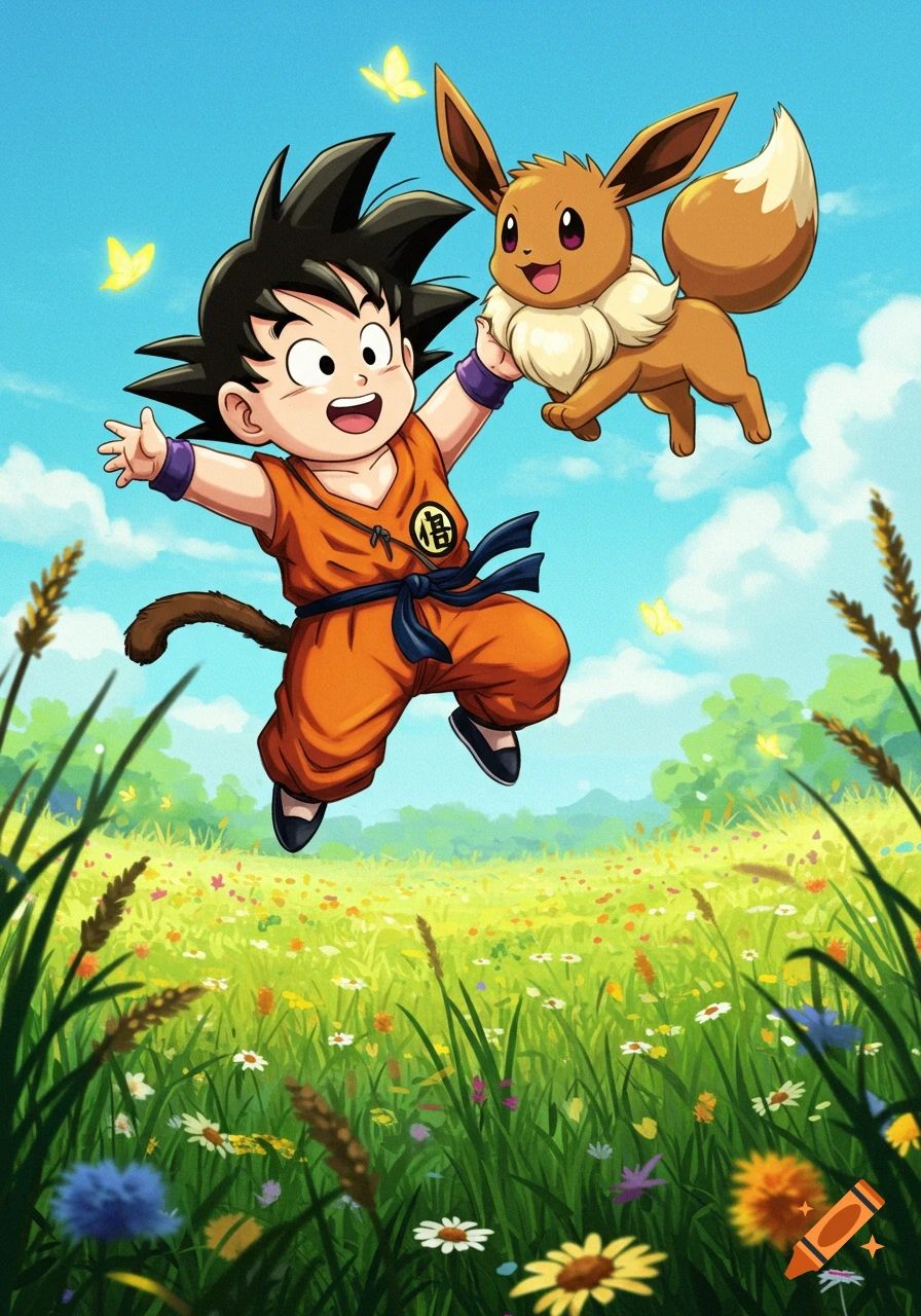 Anime style of Baby Goku jumping with Eevee in a vibrant, flower-filled field under a blue sky with butterflies.