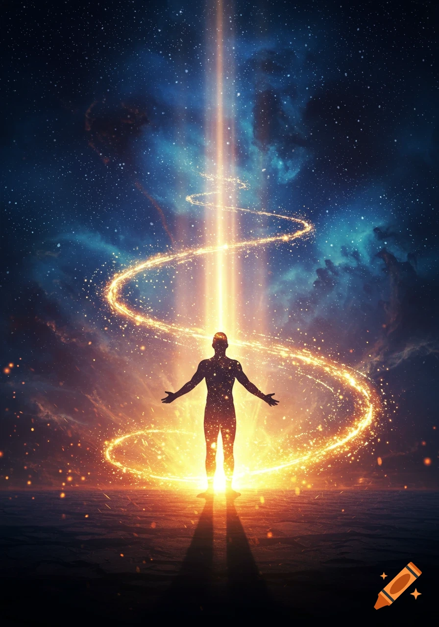 A silhouette of a person stands with arms outstretched, glowing with a bright light beam extending into a starry cosmic sky, surrounded by swirling golden energy.
