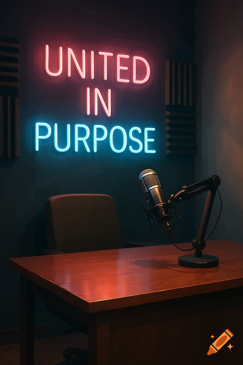 A photorealistic image of a podcast recording studio with a microphone on a wooden desk and a neon sign reading 'UNITED IN PURPOSE' on the wall.
