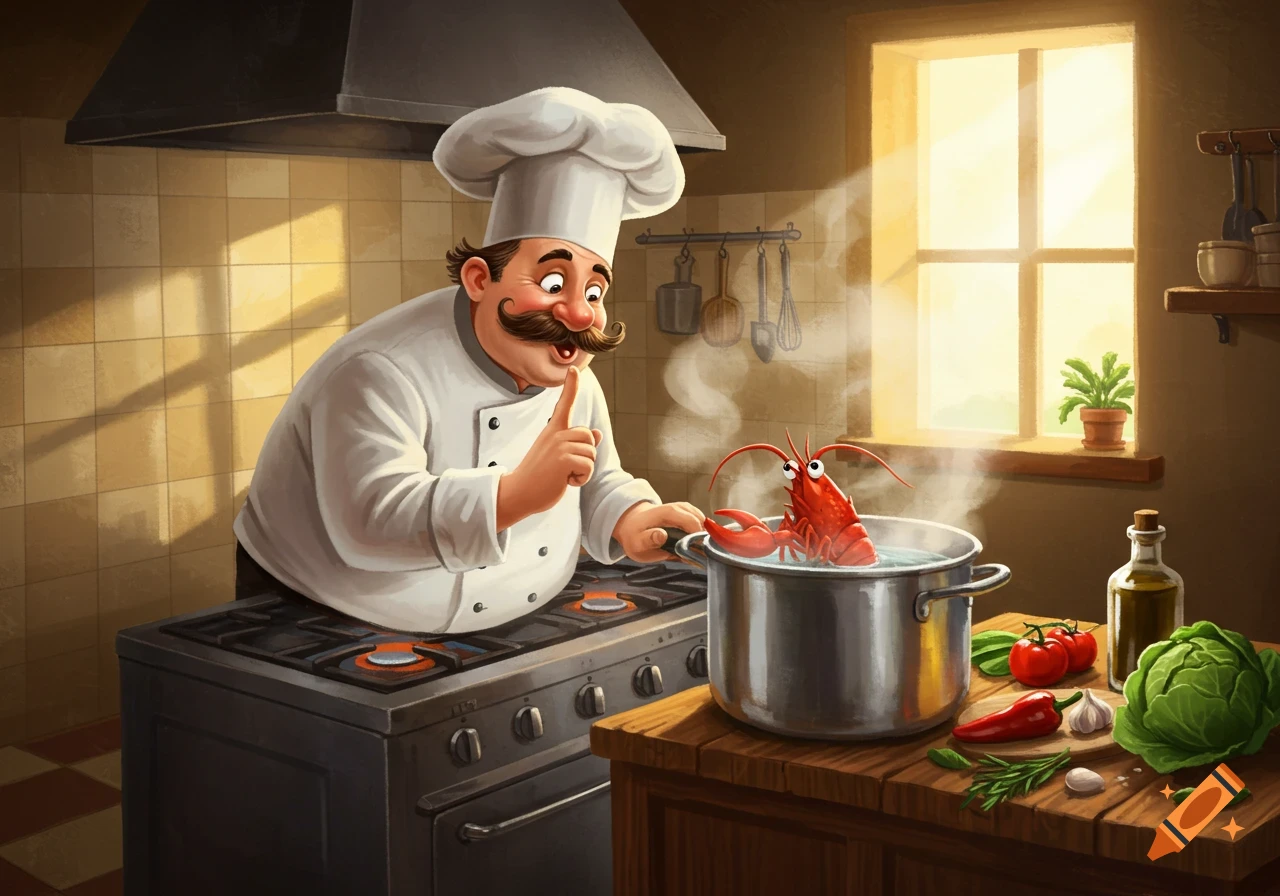 Cartoon chef shushes a wide-eyed lobster in a simmering pot on a kitchen stove. Humorous illustration.